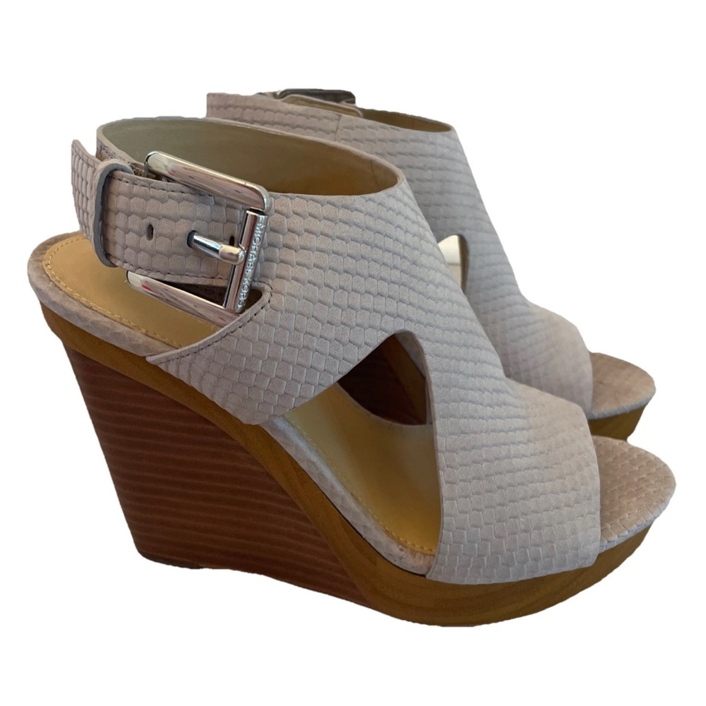 Michael Kors Josephine Snakeskin Embossed Wedge Open Toe Heels Sandals Size 6 - Picture 2 of 11